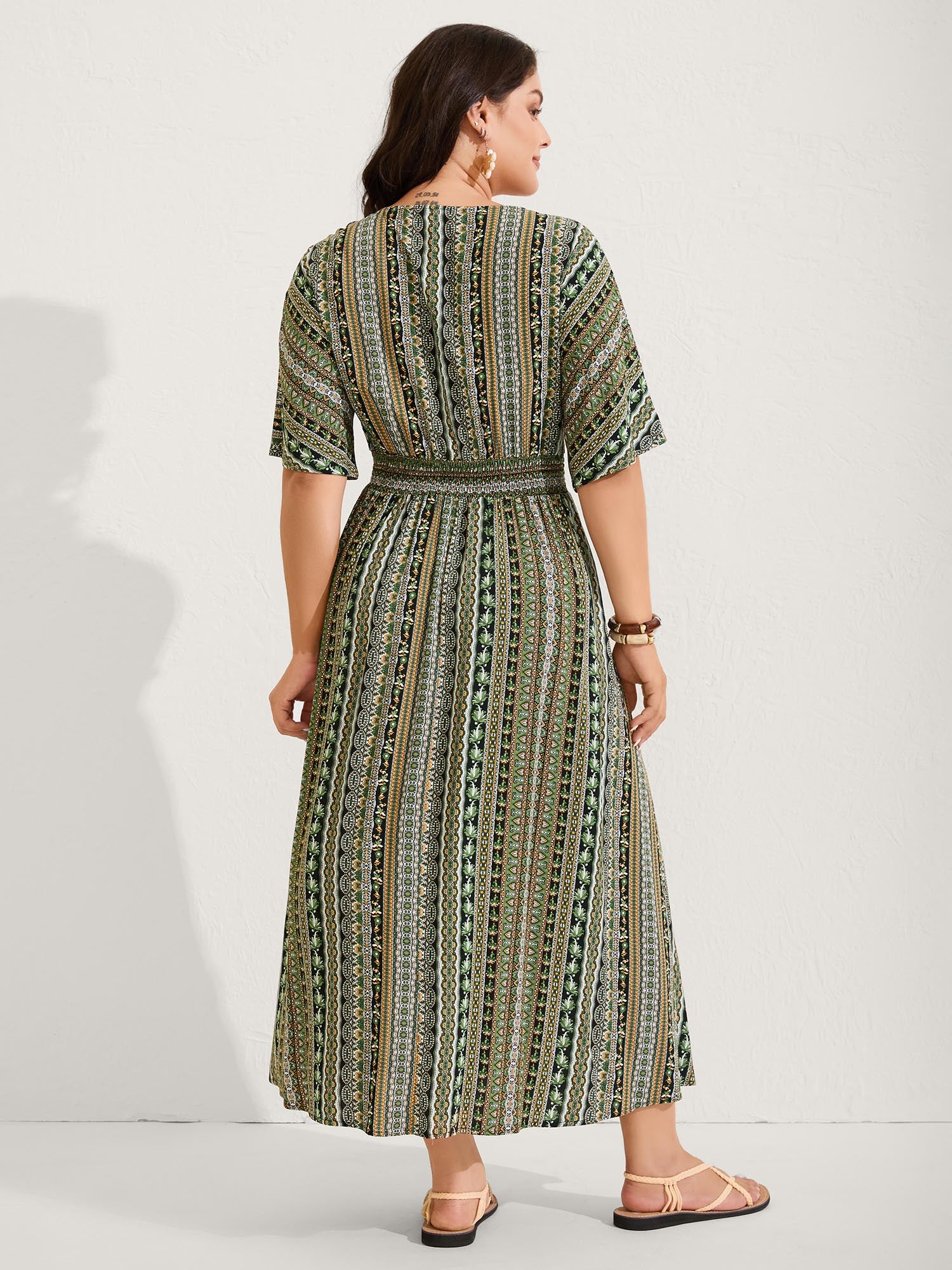 Striped Contrast Dolman Sleeve Shirred Pocket Split Flutter Dress