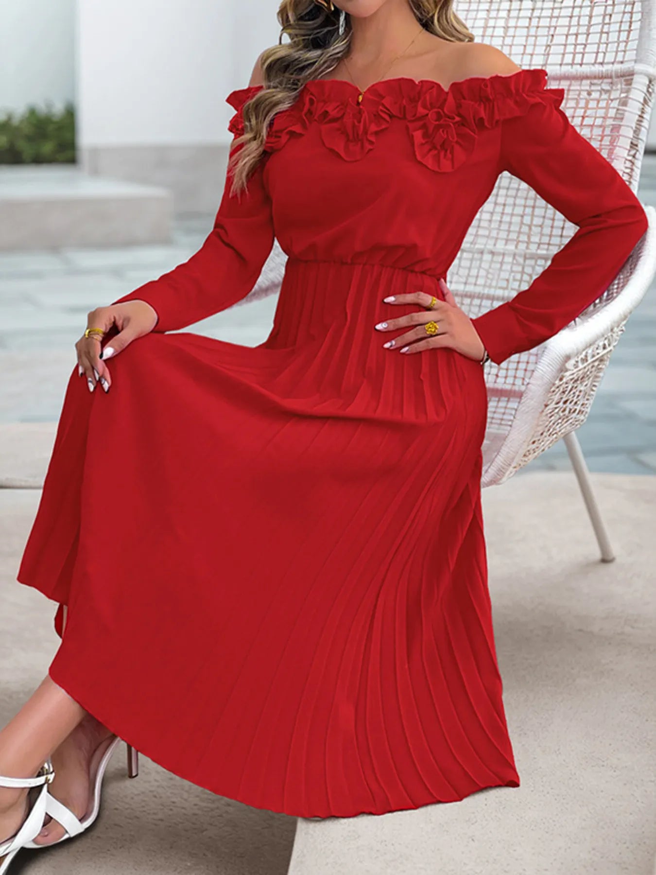 Off-Shoulder Ruffle Pleated Midi Dress
