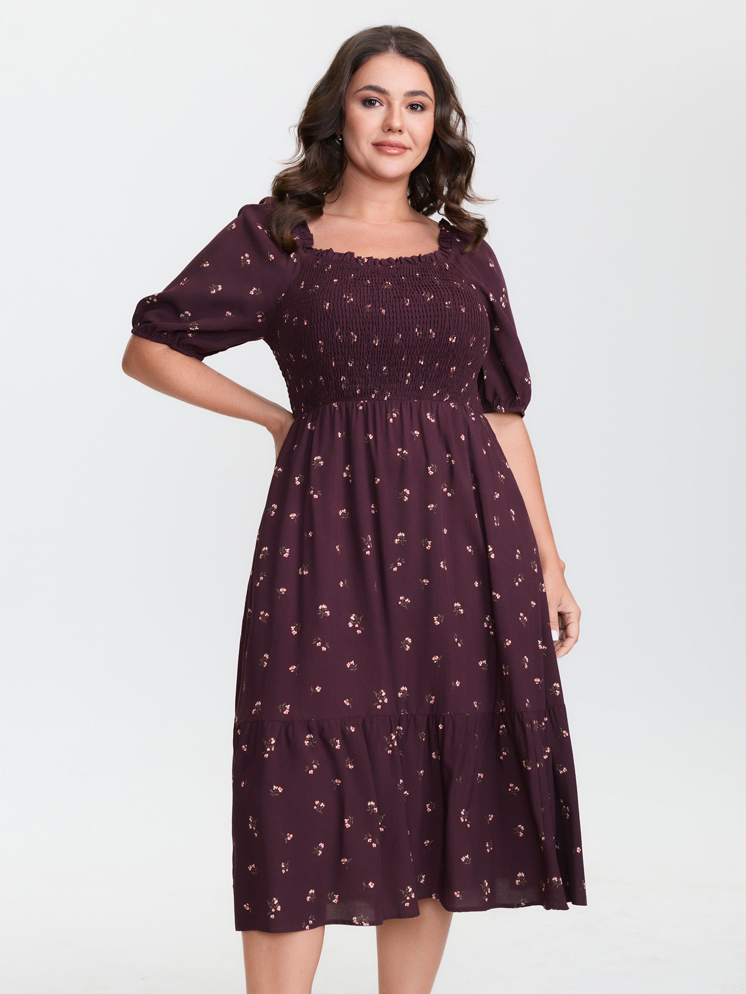 Micro Floral Shirred Bodice Midi Dress