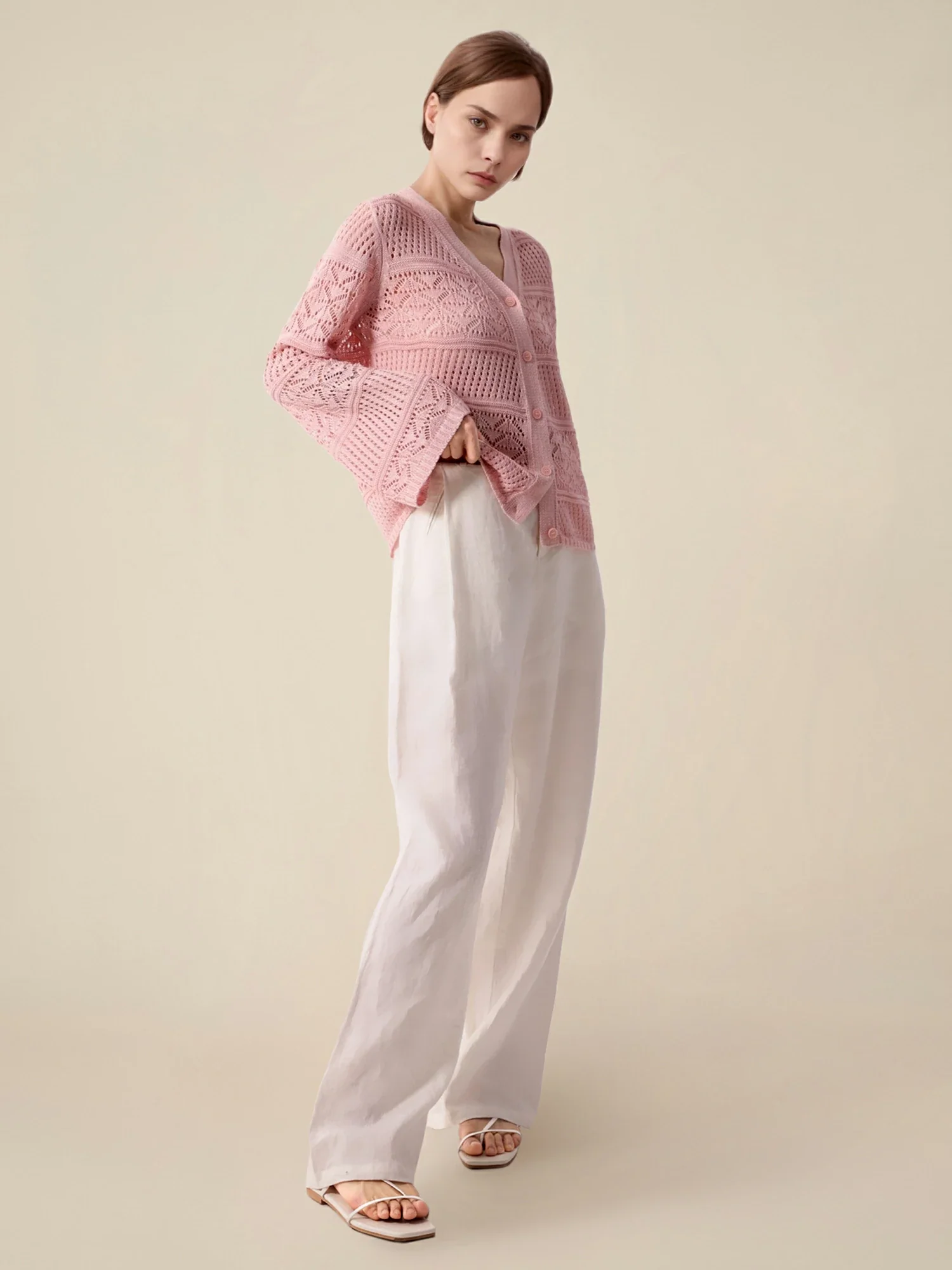 Lyocell & Silk V-Neck Flare-Sleeve Cardigan