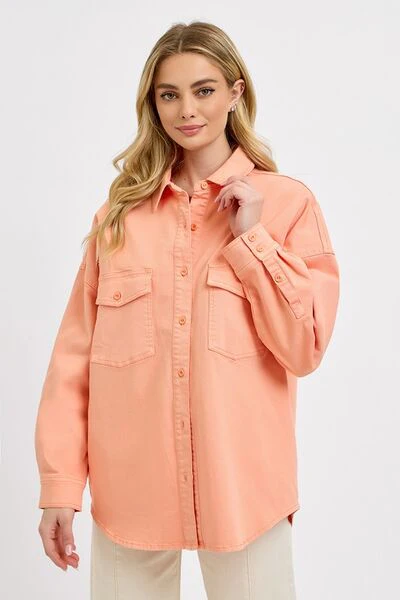 Full Size Button Down Long Sleeve Denim Shacket with Chest Pockets