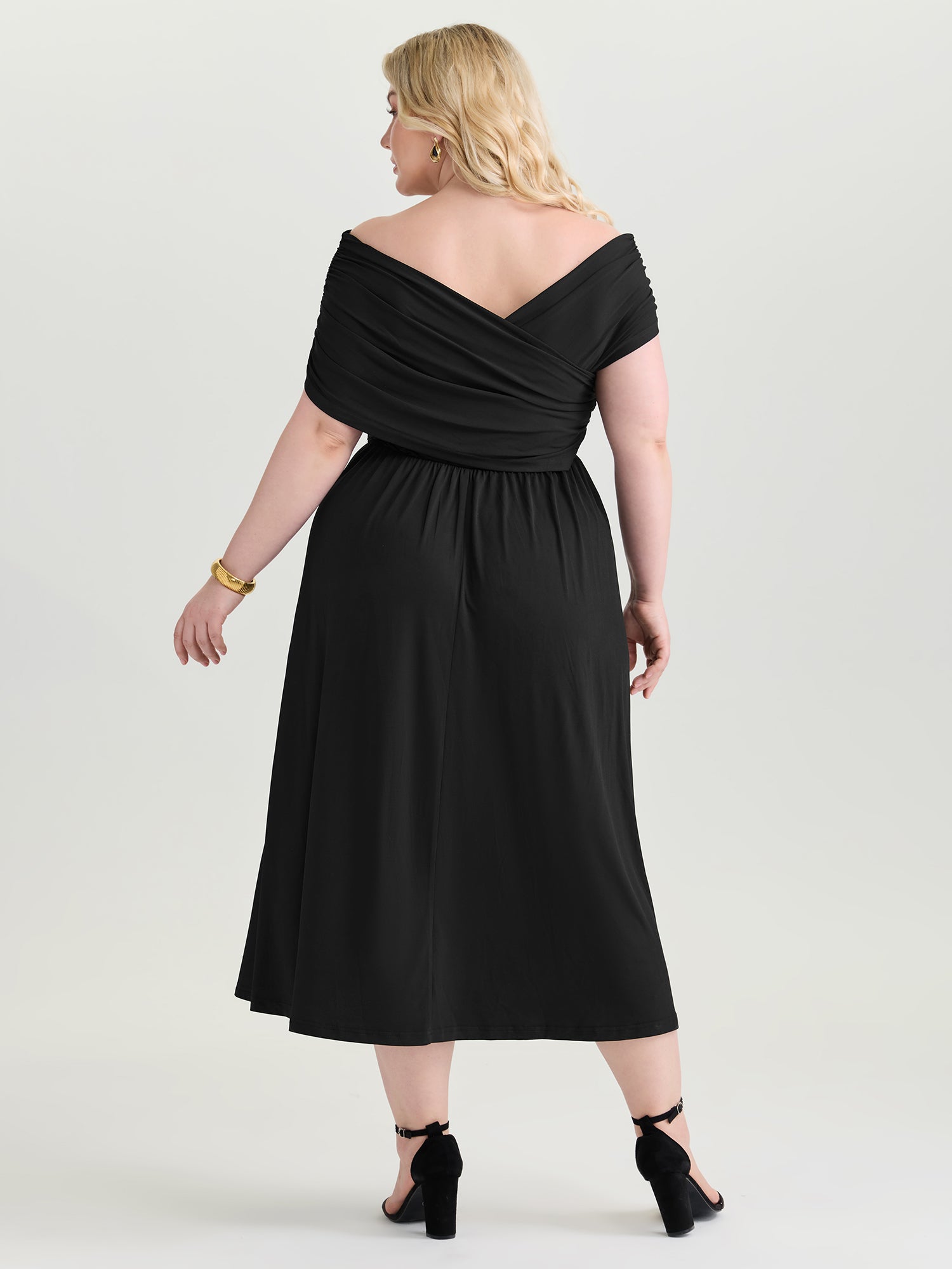 Ruched Overlap Bodice Fit And Flare Midi Dress