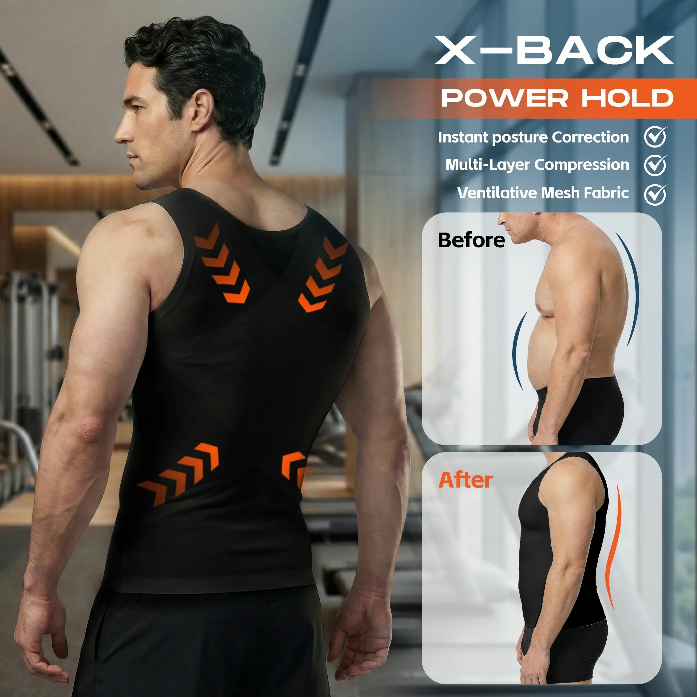 Men Compression Shapewear Tank Top Seamless Undershirts Bionic Targeted Tummy Control Eliminate Gynecomastia X-Shape Back Stretch Posture Correction Breathable Mesh Fabric Basic Menswear for Special Events Business Dating Sports Gym, Holiday Gift