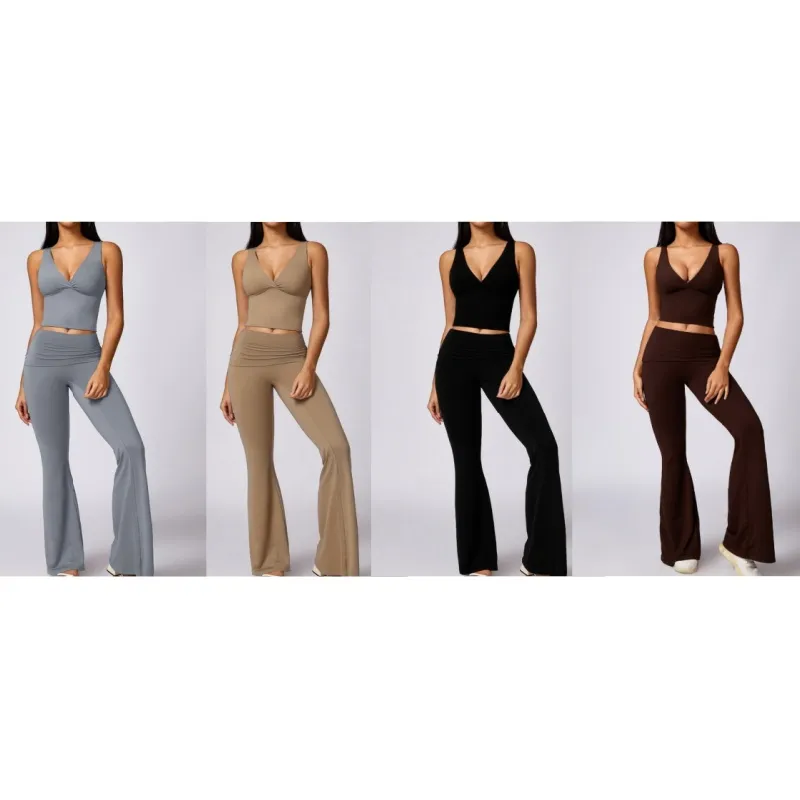 Women's 2-Piece Deep V Neck U-Back Tank & High-Waist Flared Leggings Set