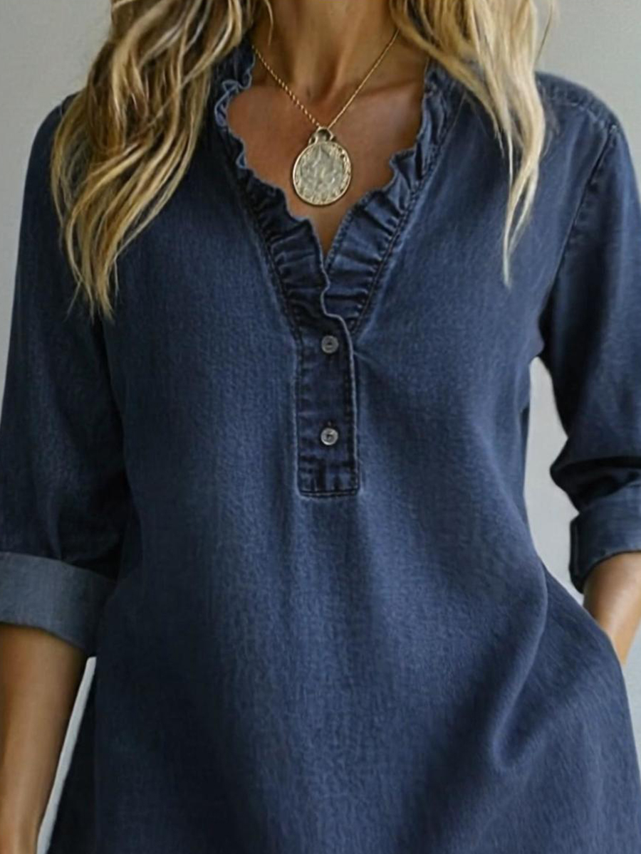 Casual Romantic Ruffled Collar Denim Shirt