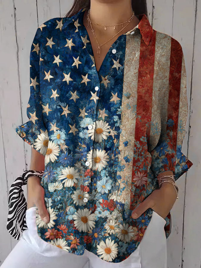 Women'S Retro American Flag Printed Casual Shirt
