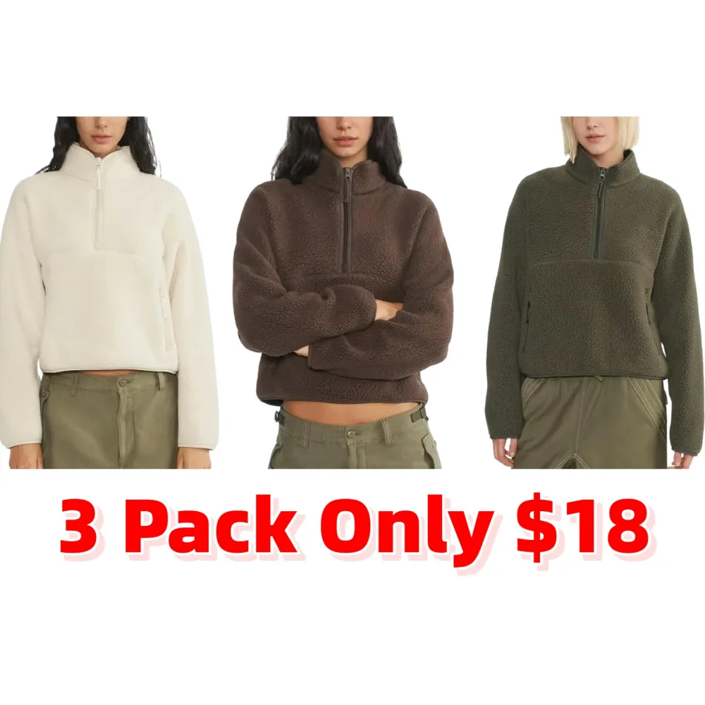 Women’s Fleece Cropped Pullover – Half Zip Sherpa Jacket with Pockets