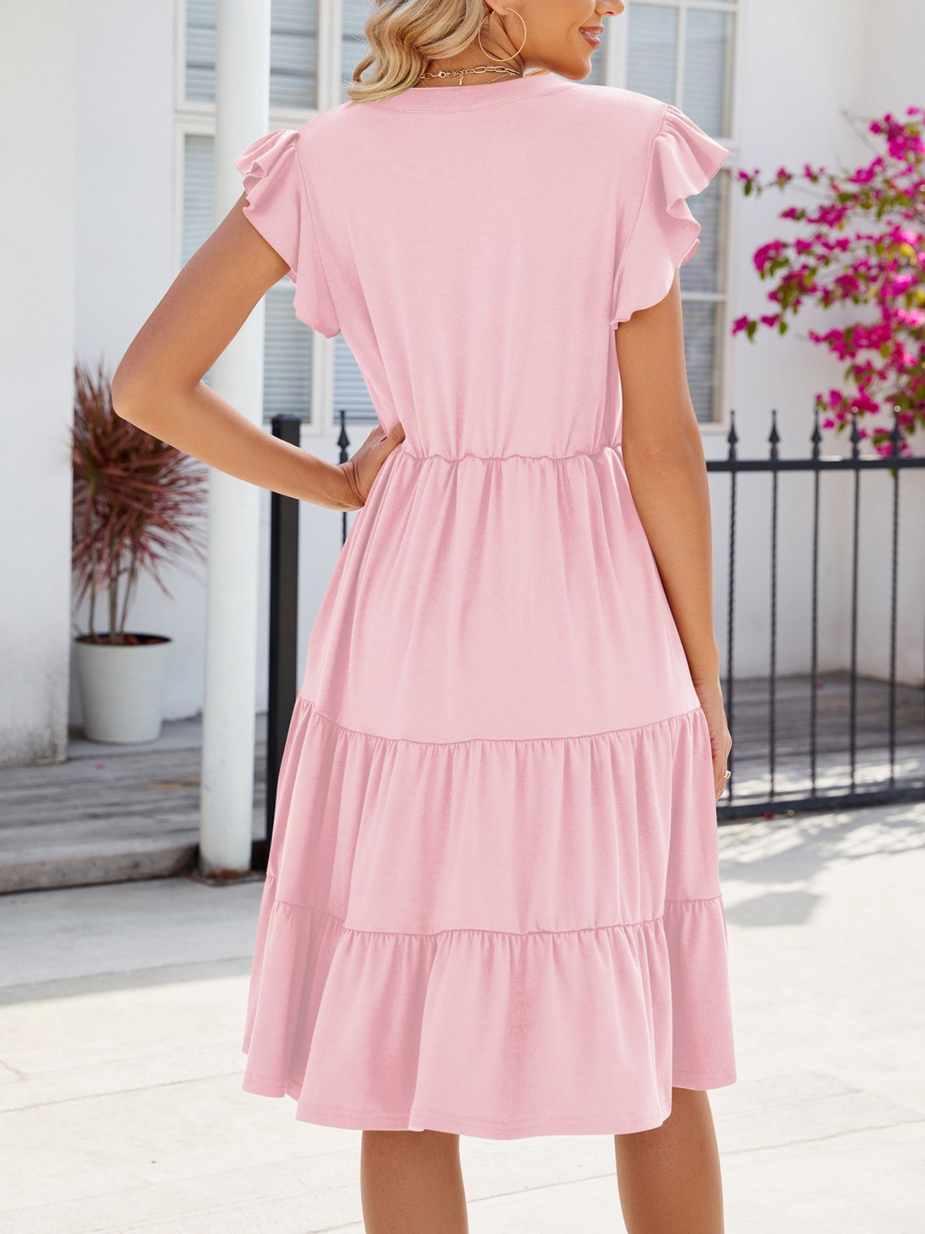Ruffled Notched Tiered Midi Dress