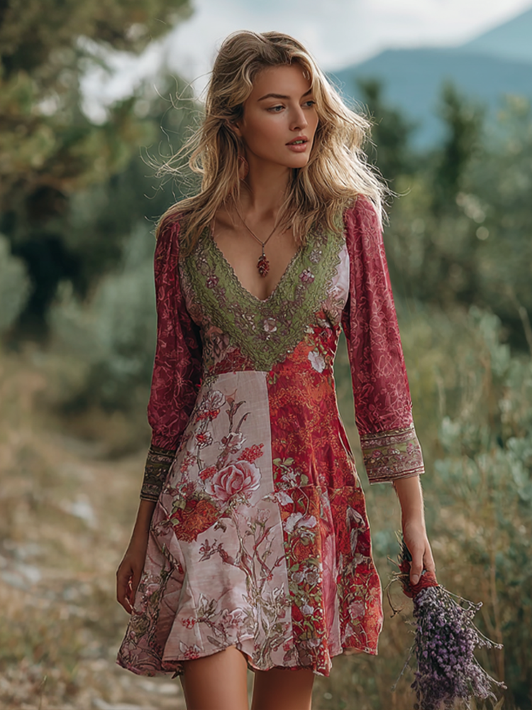 Bohemian Style Retro Floral Pattern Women's V-neck Dress