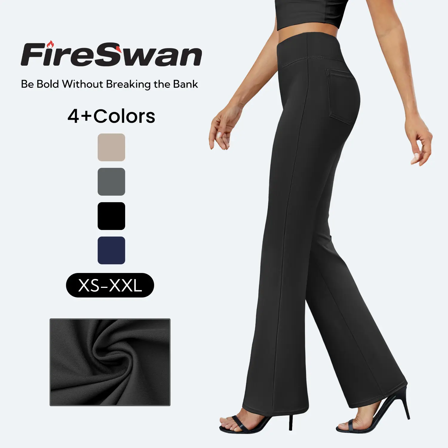 2026 FireSwan Flex High-Waisted Elastic Yoga Pants for Women, featuring back pockets, slightly flared legs, and a tummy-control design, suitable for office and everyday wear.