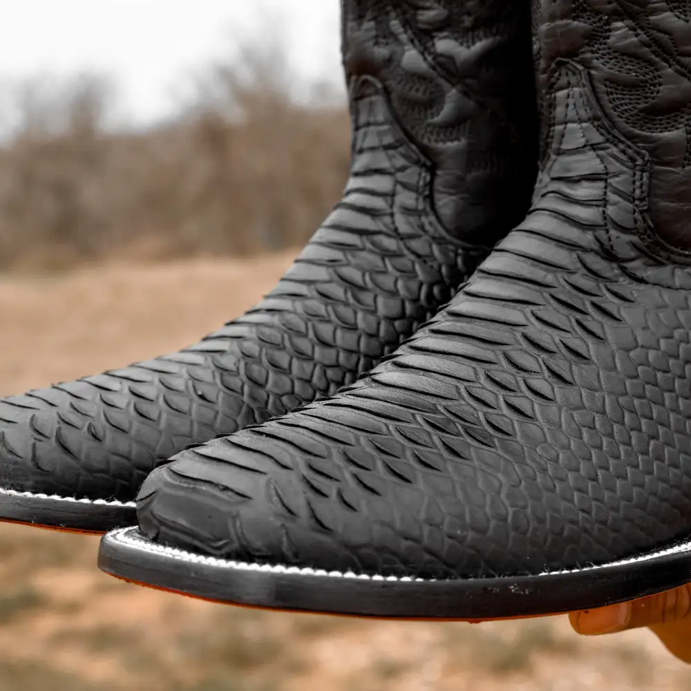 Matte Black Python Leather Boots - Square Toe