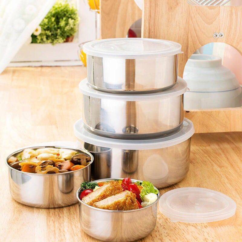 5PC Set Stainless Steel Low Profile Bowl with Airtight Lid