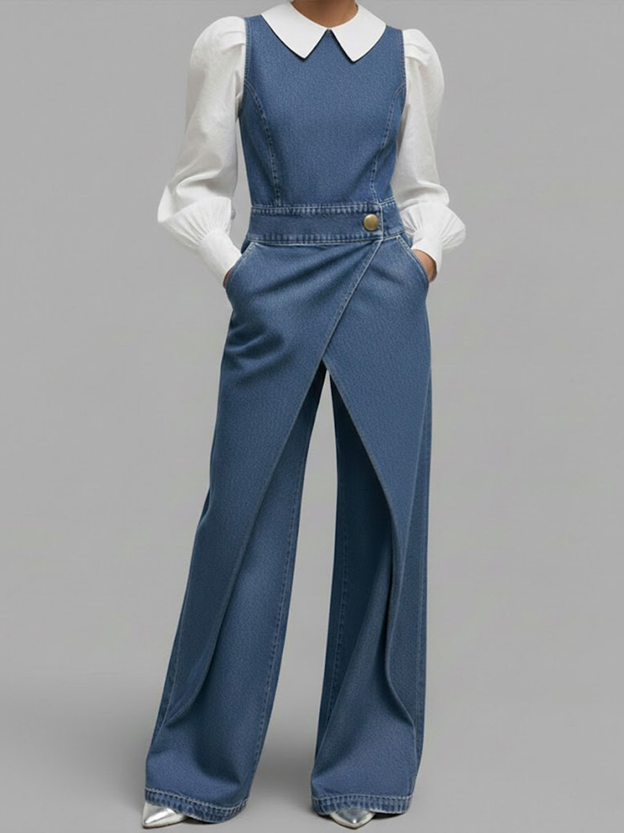 Women's Round Neck Sleeveless Casual Loose Denim Wide-leg Jumpsuit