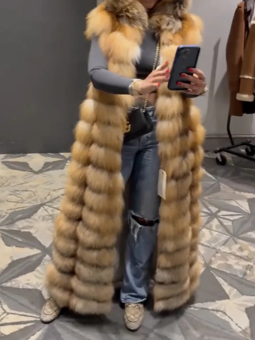 Long Red Fox Fur Vest With Hood（✔️Free shipping）