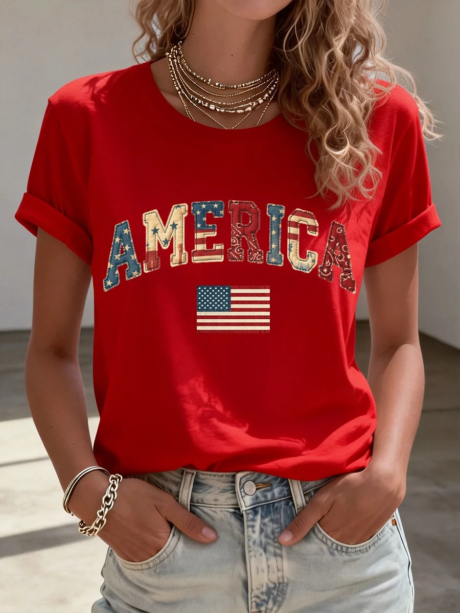 Women's American Patchwork Pattern T-Shirt