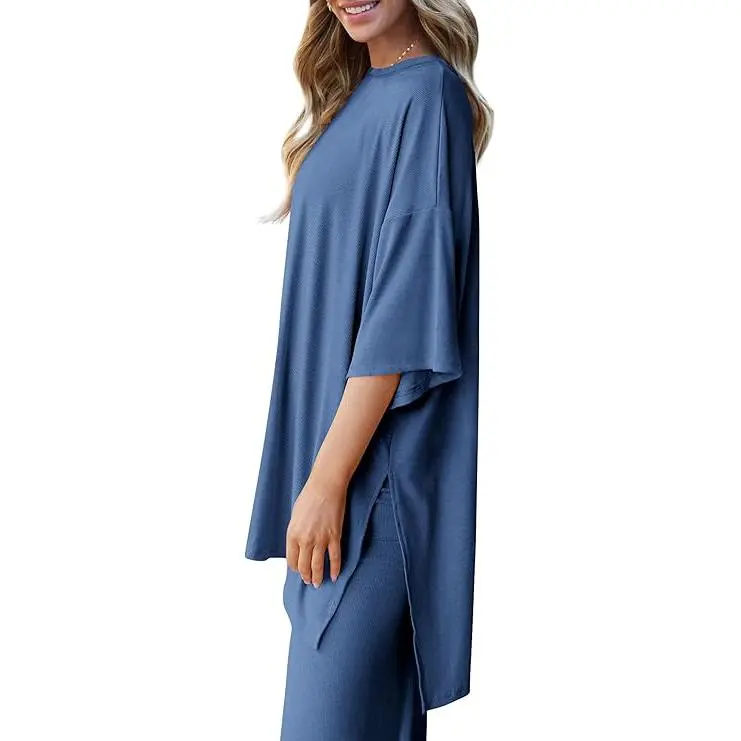 Women's 2-Piece Outfits Short Sleeve Pullover Tops Split Hem Wide Leg Pants Lounge Sets