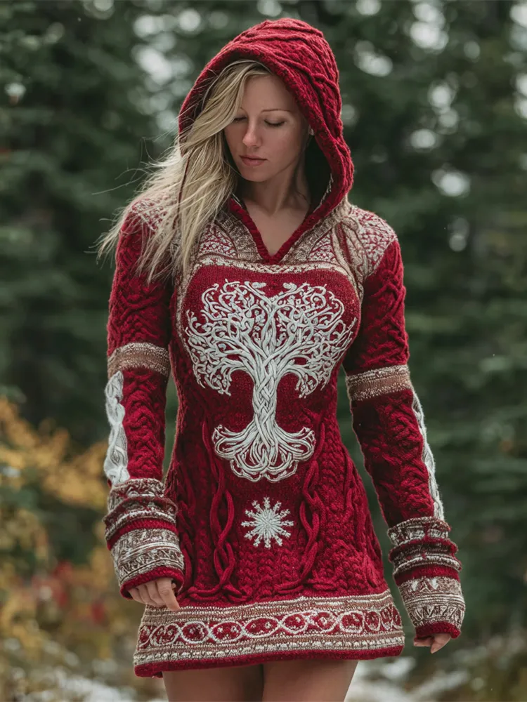 Viking Christmas Celtic Tree Women's Knit Hooded Mini Dress