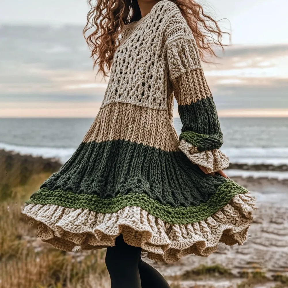 Women's Celtic Knotted Color Block Jacquard Crew Neck Sweater Dress