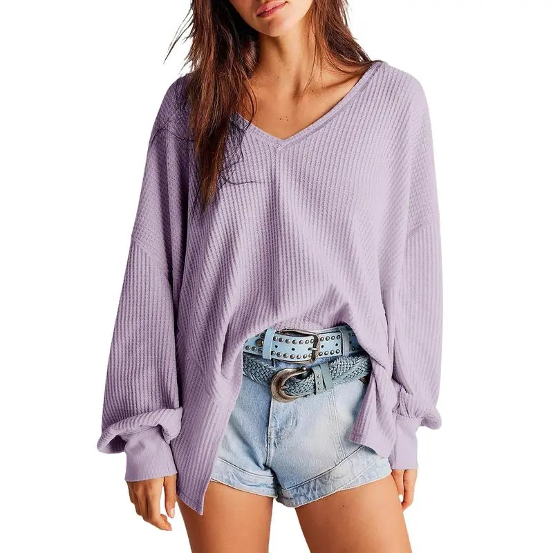 Women's Waffle Knit V-Neck Oversized Sweater