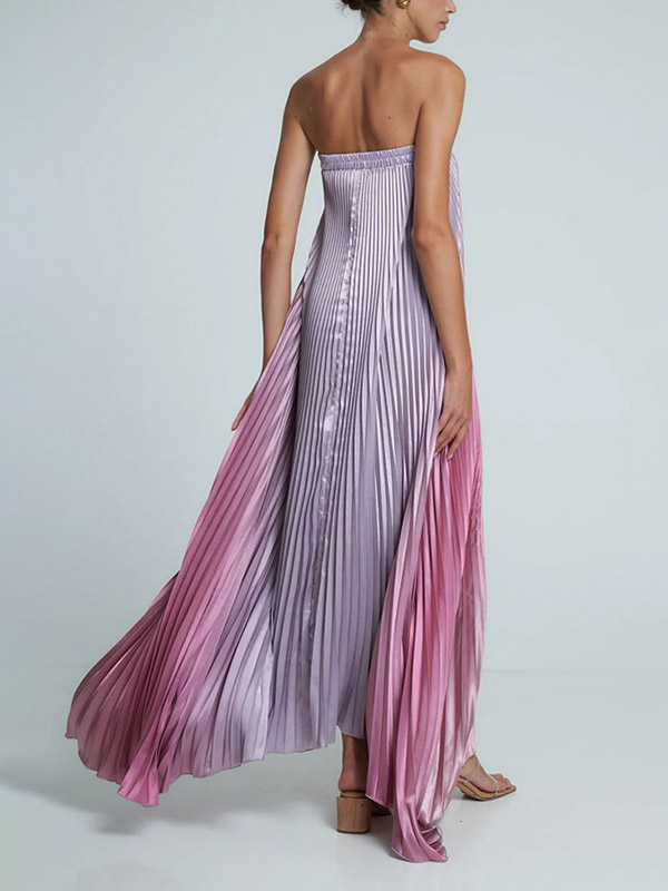 Elasticity Gradient Pleated A-Line Loose Tube Maxi Dresses Evening Dresses