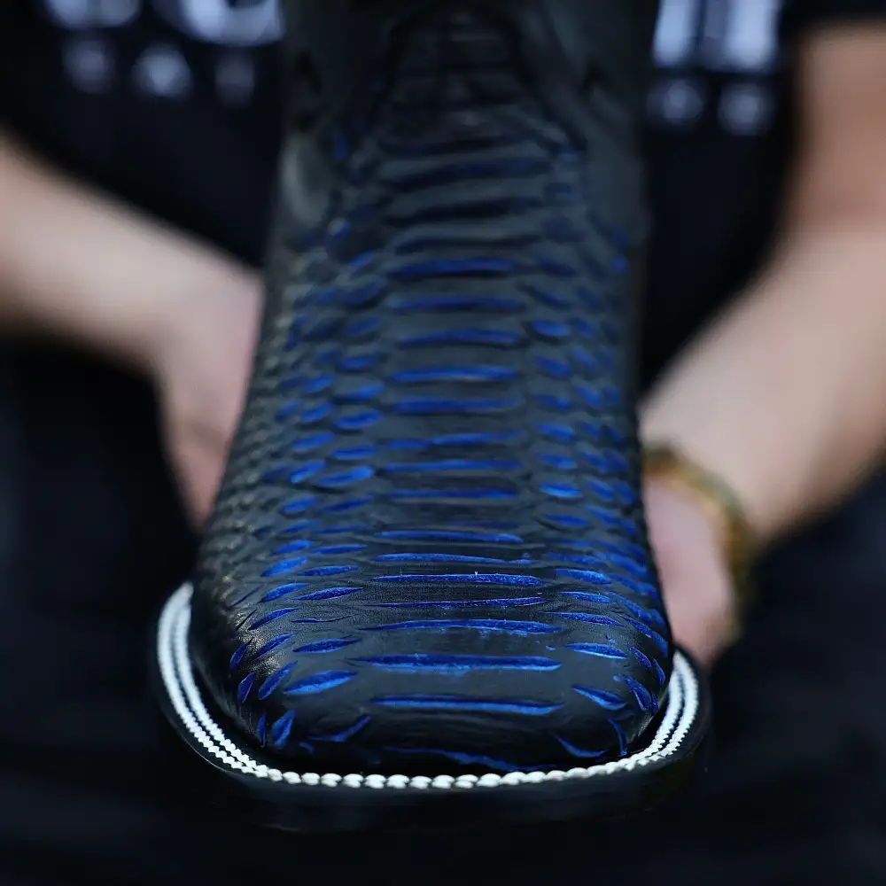Royal Blue & Black Python Leather Boots - Square Toe