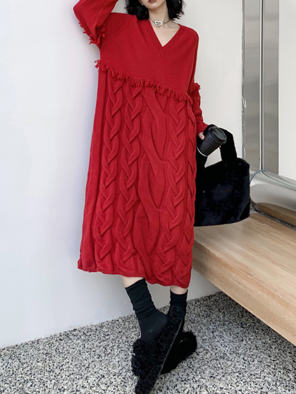 Solid Color Split-Joint Tasseled Long Sleeves Loose V-Neck Sweater Dresses Midi Dresses