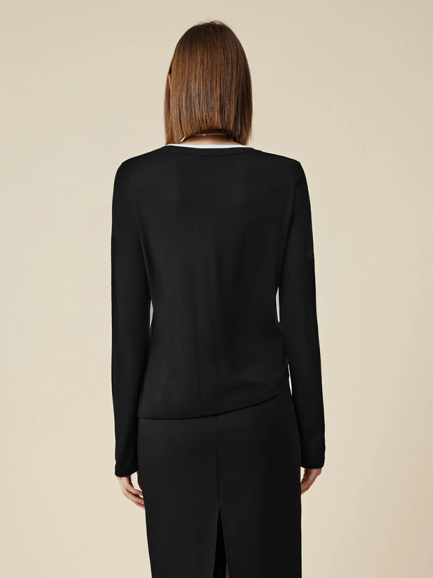 Lyocell & Wool Round Neck Long Sleeve Drawstring T-Shirt