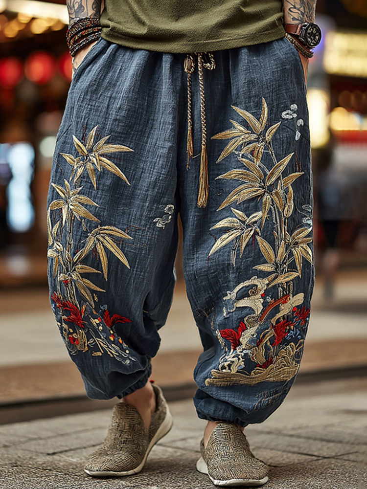 Men's Japanese Bamboo Art Flowy Wide Leg Linen Pants