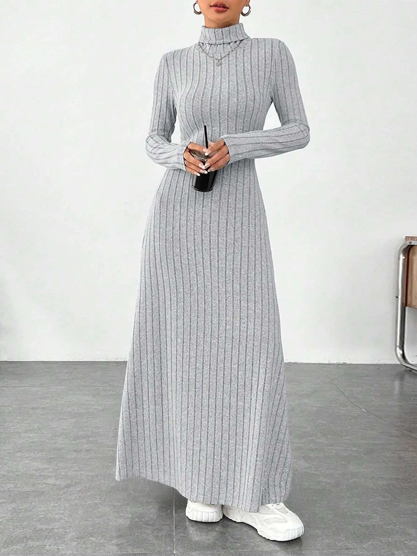 Ribbed Turtleneck Long Sleeve Maxi Knit Dress