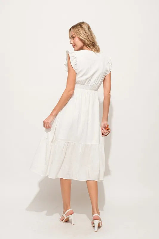Ruffle Sleeve Front Smocked Tiered Midi Dress