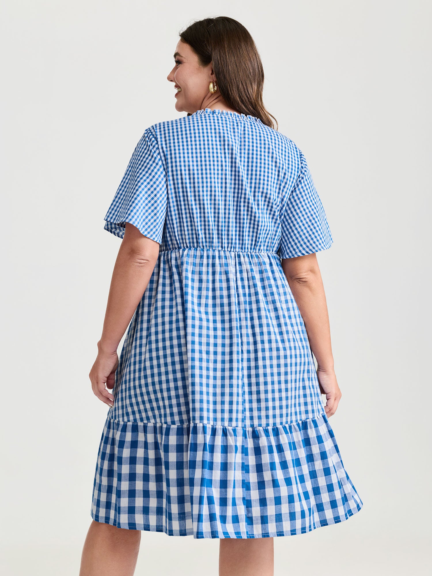 Checkered Stripe Flared Sleeve Pockets Mini Dress