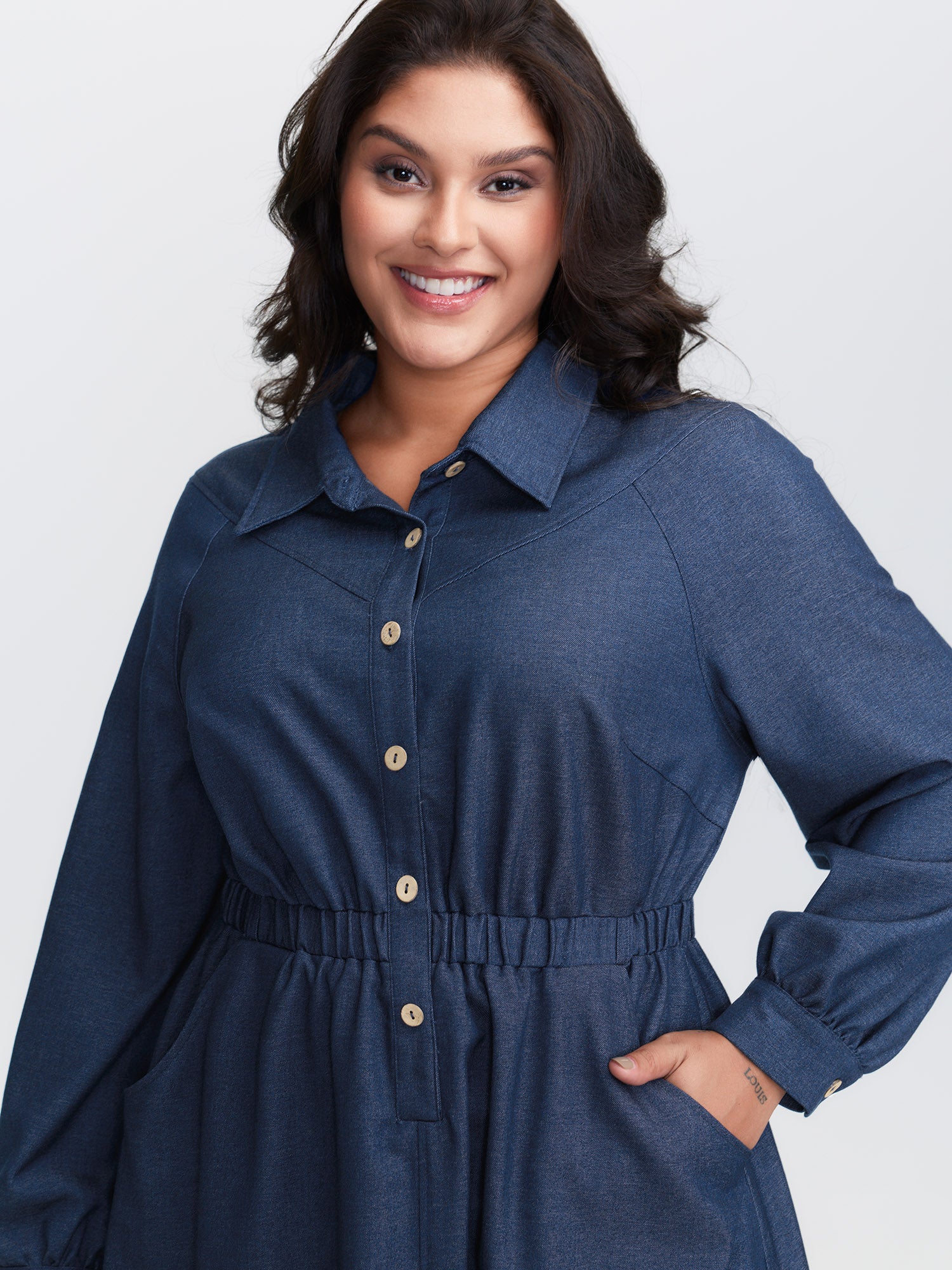 Stretchy Waist Slit Denim-Like Midi Dress