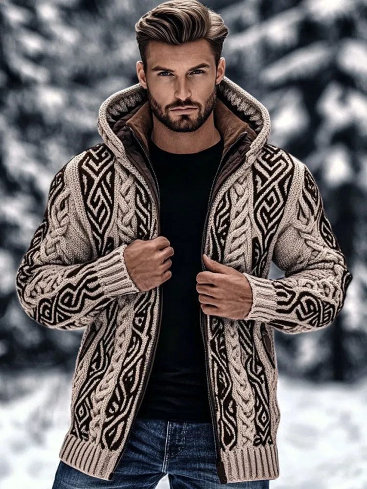 Men's Vintage Viking Celtic Knot Art Zip-up Chunky Knit Hooded Cardigan