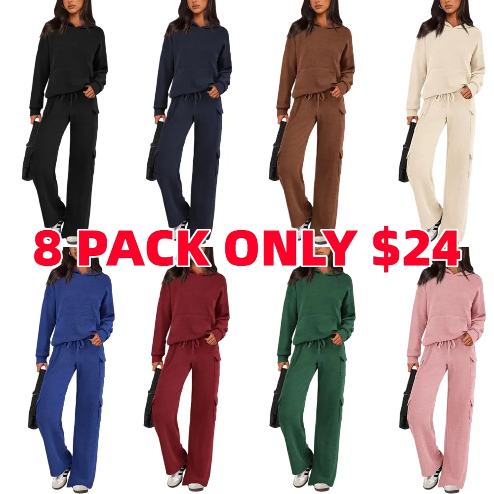Women's Fall Knitted Hoodie Tracksuits Wide Leg Pants With Pocket Sets