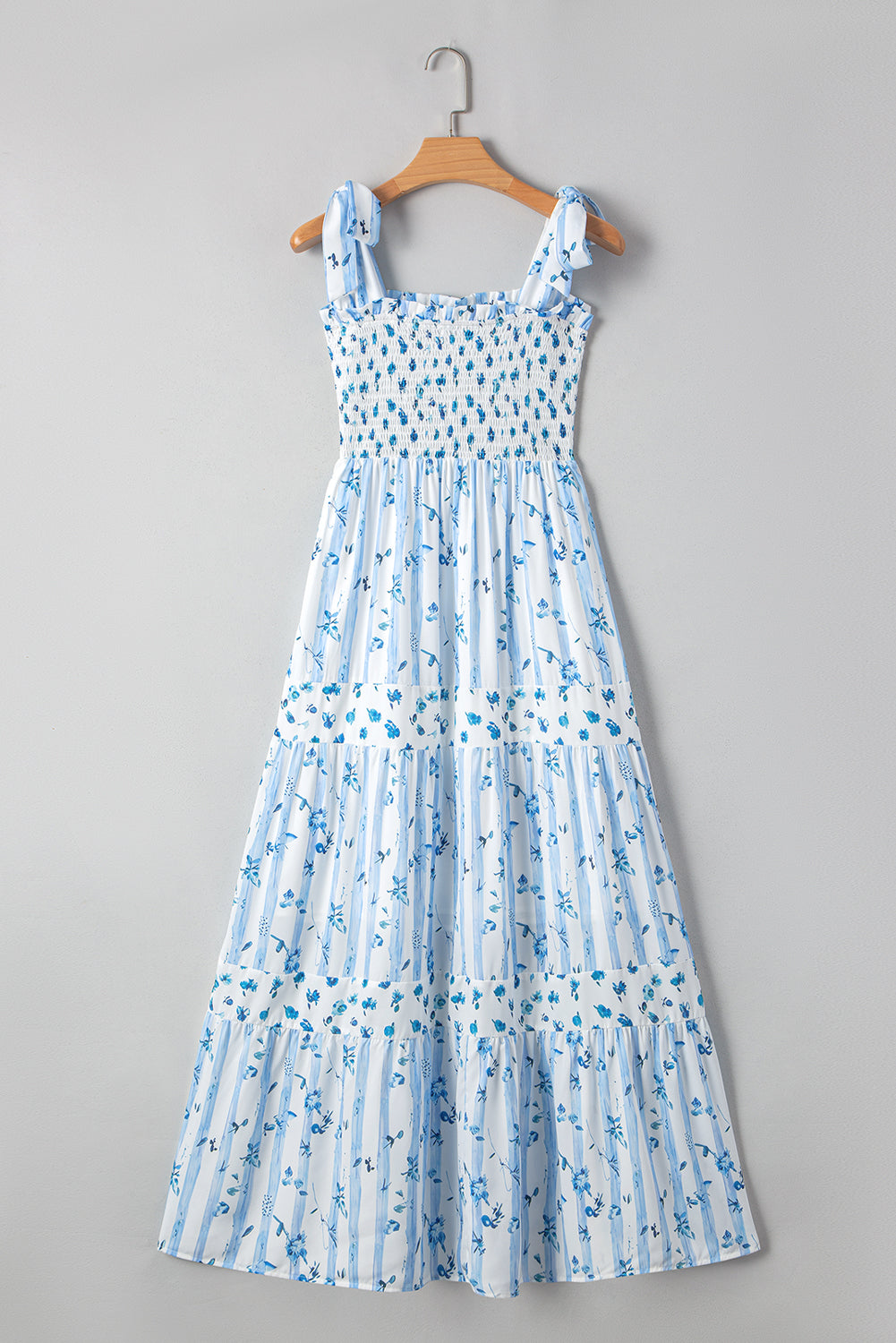 Sky Blue Floral Smocked A-Line Tie Straps Maxi Dress