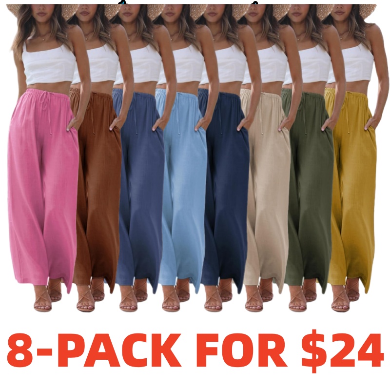 Faleave Women's Cotton Linen Summer Palazzo Pants Flowy Wide Leg Beach Trousers with Pockets