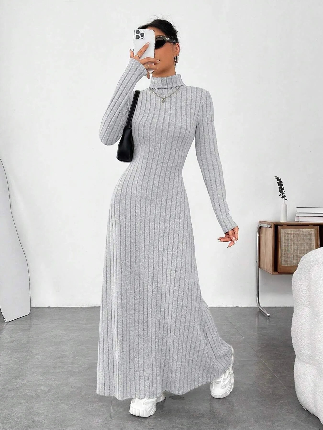 Ribbed Turtleneck Long Sleeve Maxi Knit Dress