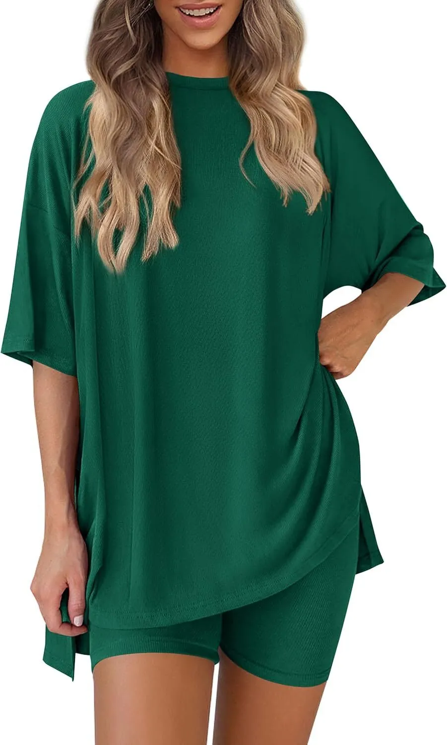 🔥Special Sale❤️Women's Two Piece Lounge Set 2026 Summer Casual Oversized Shirts  Biker Shorts Matching Airport Travel Outfit