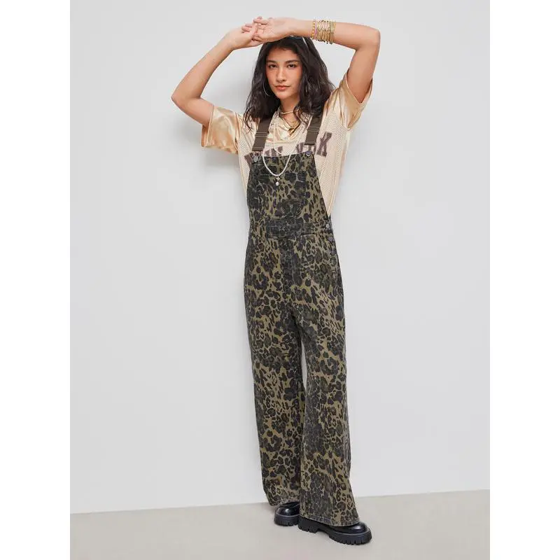Women's Leopard Buckle Oversized Denim Wide Leg Jumpsuit
