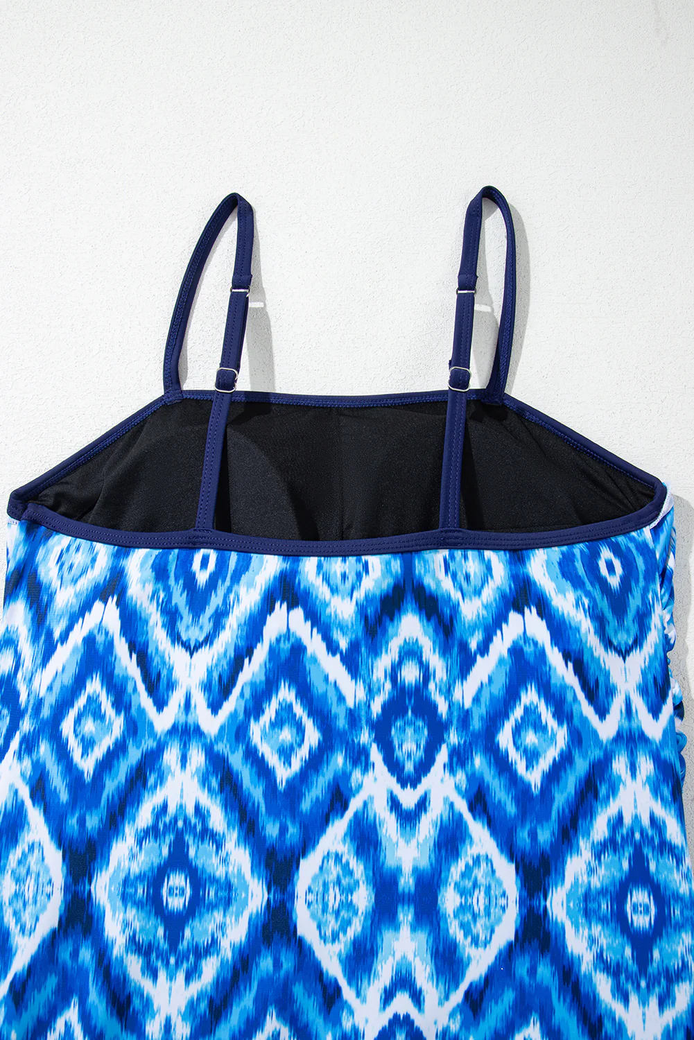 Navy Blue Abstract Print Frilled Trim Spaghetti Straps Tankini Set