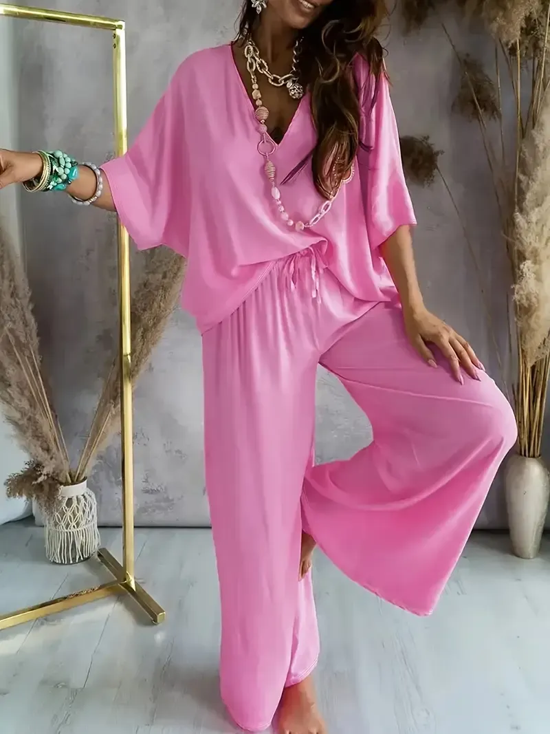 Women's Casual Solid Color Pants Set with V-Neck Top and Wide Leg Pants