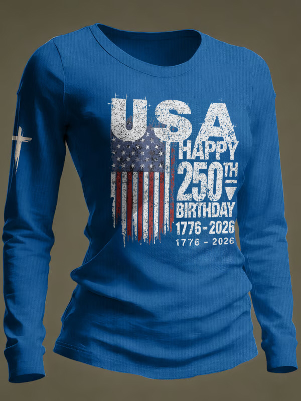 Ladies' Leisure 250Th Anniversary National Day Celebration Round Neck Long Sleeve T-Shirt