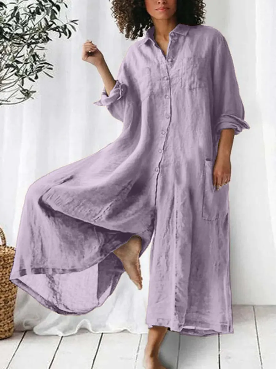 Women's Solid Color Art Casual Long Sleeve Cotton Linen Jumpsuit