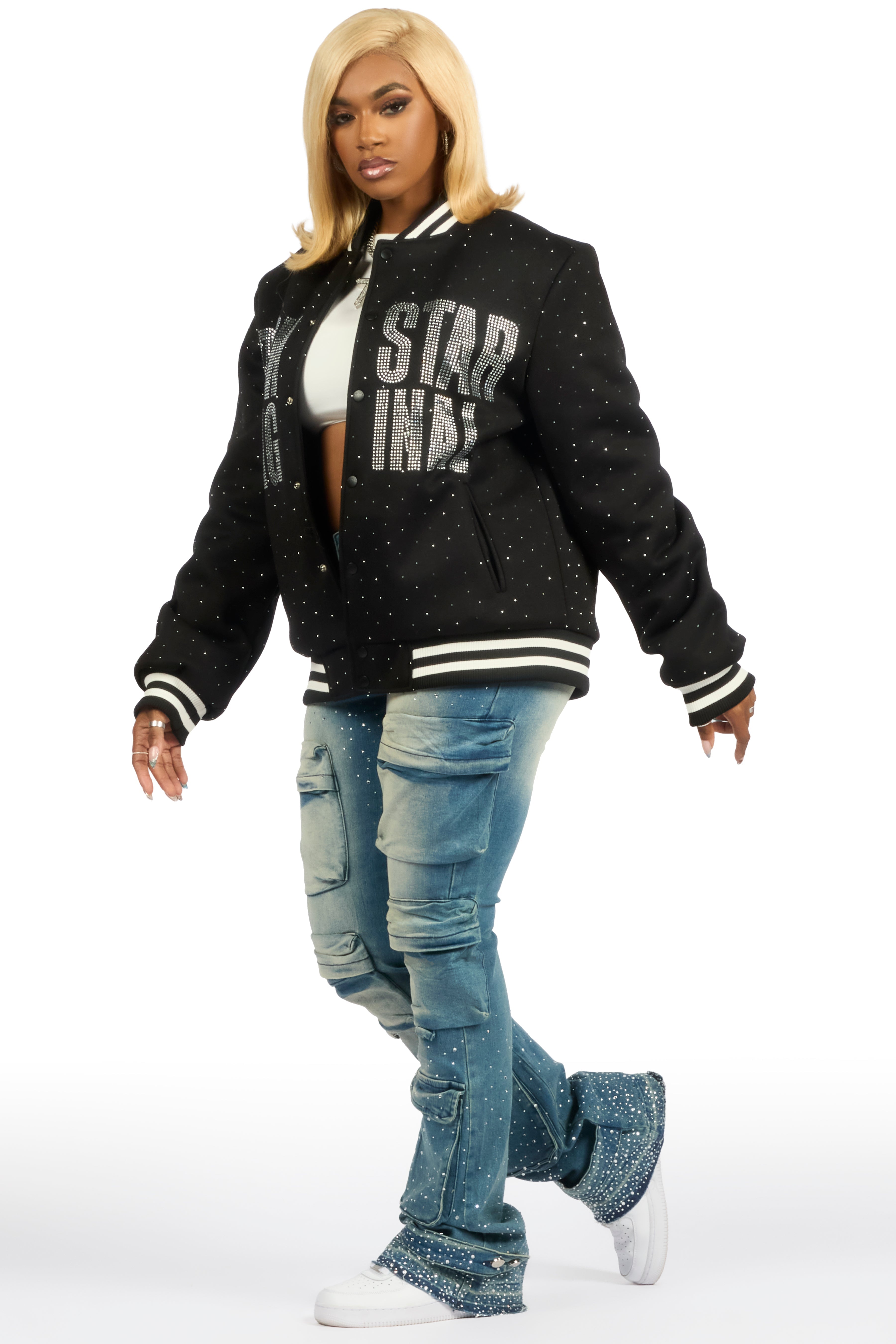 Nakiah Black Rhinestone Varsity Jacket