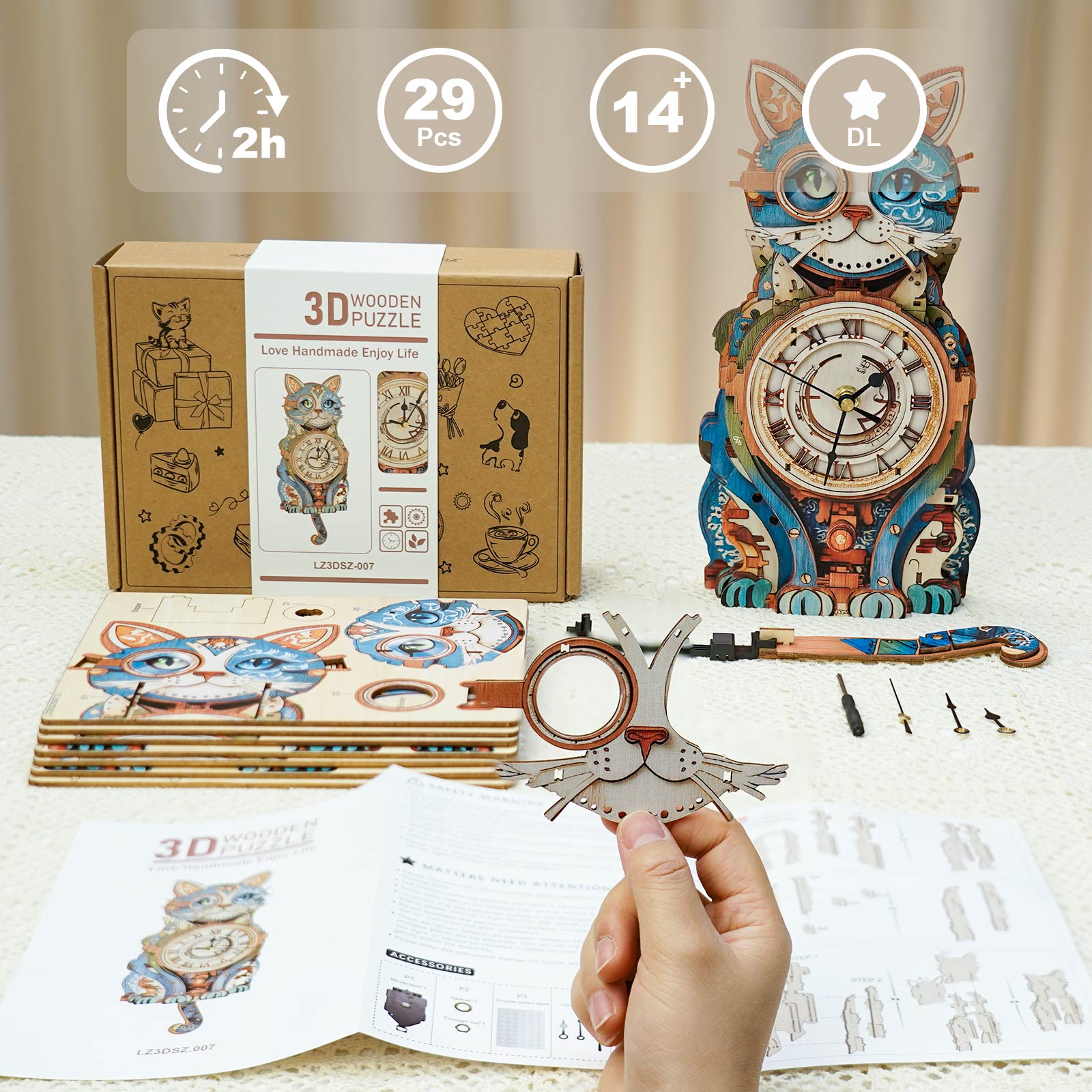 Cat Detectiveâ€“ DIY Wooden Clock, 3D Puzzle Craft Kit