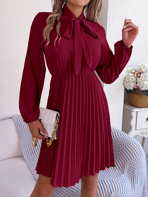 Autumn And Winter Tie Waist Long Sleeve Pleated Skirt