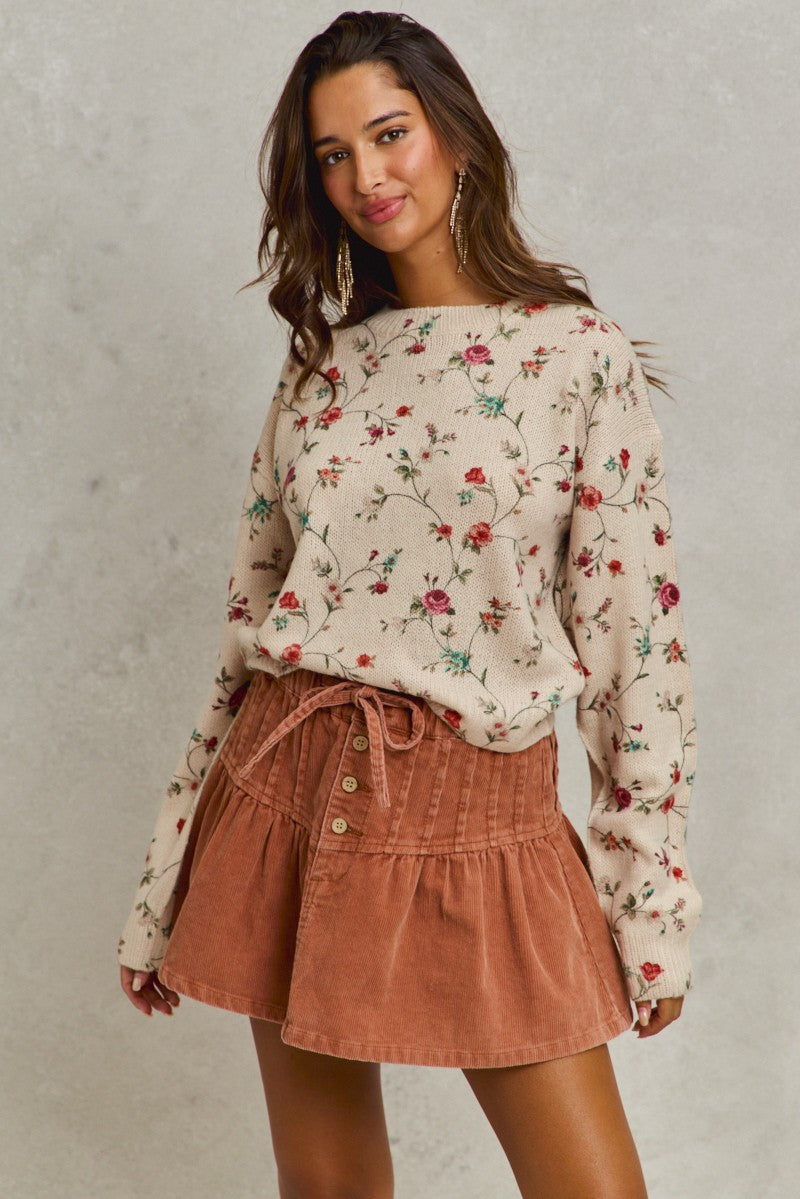 Mineral Wash Pintucked Corduroy Mini Flared Skirt