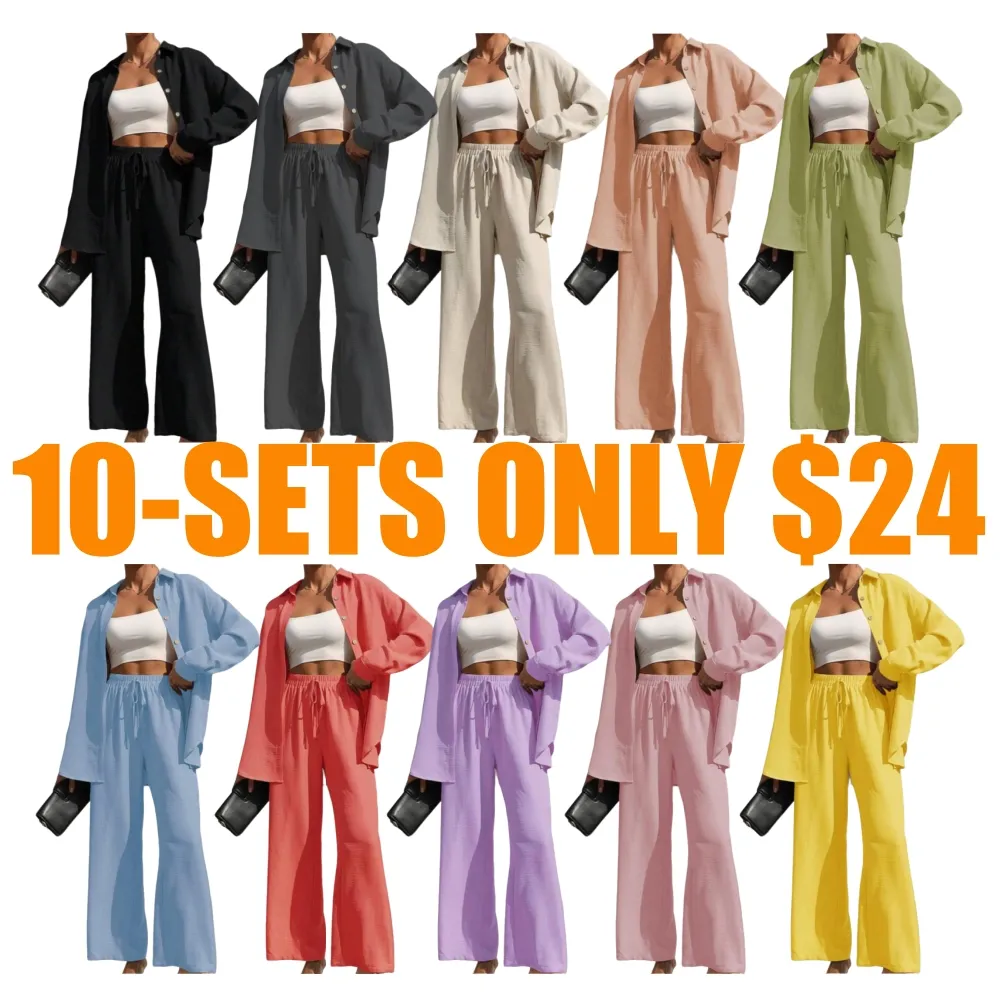 Women's Solid Button Front Shirt & Tie Front Wide Leg Pants (Under $3 a set!)