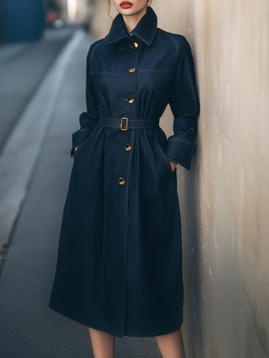 Navy Belted Trench Coat With Gold-Tone Buttons