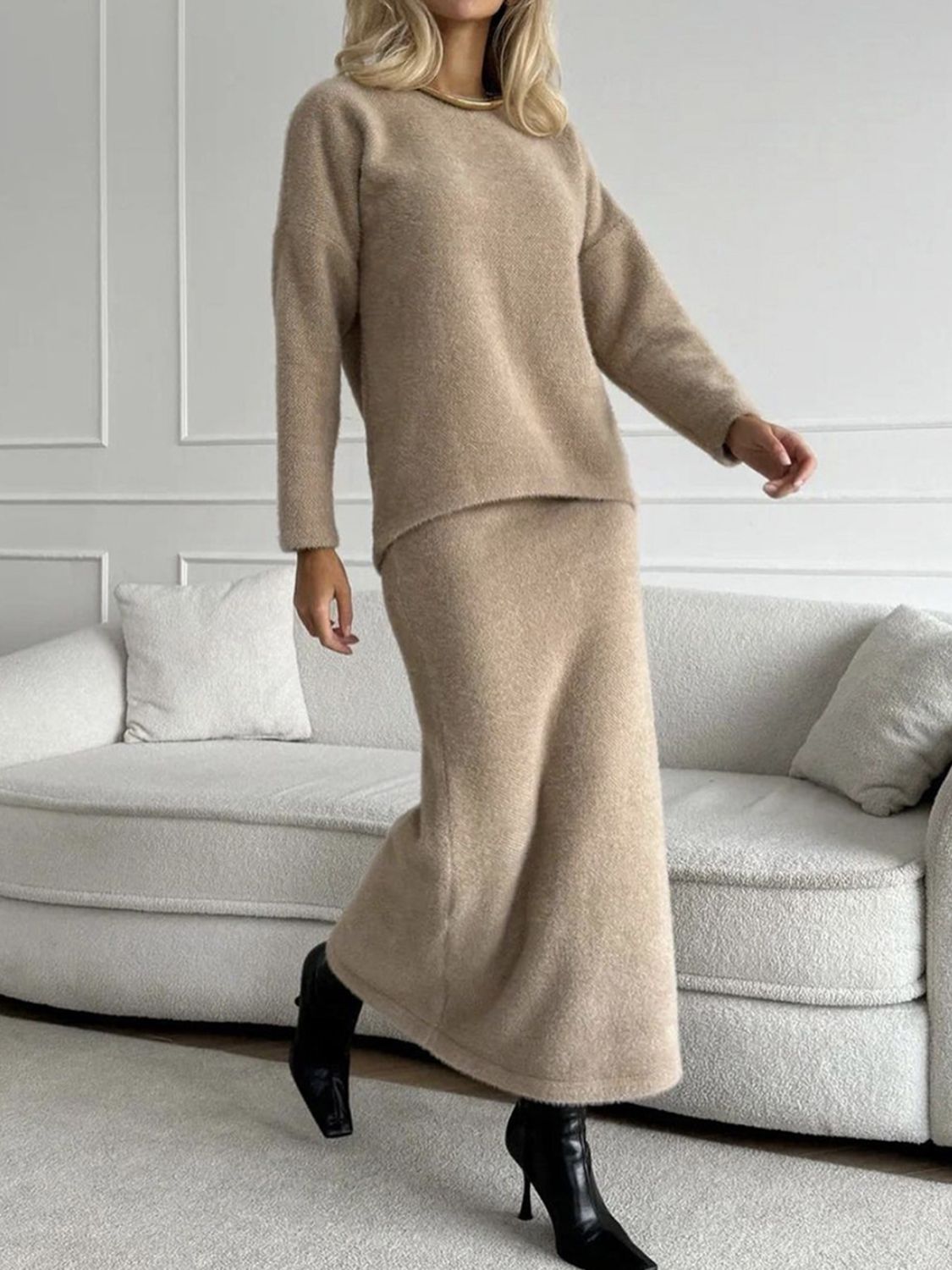 Round Neck Dropped Shoulder Top And Midi Skirt Sweater Set